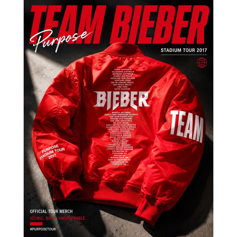 Justin Bieber Purpose Stadium‎ Tour 2017 Team Bomber Jacket Red Oversized Large